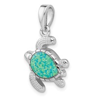 Sterling Silver Rhodium-plated Polished Green Inlay Created Opal Turtle Pendant view 4