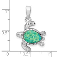 Sterling Silver Rhodium-plated Polished Green Inlay Created Opal Turtle Pendant view 5