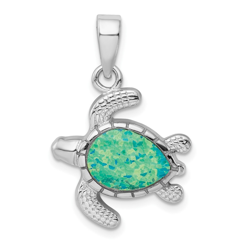 Sterling Silver Rhodium-plated Polished Green Inlay Created Opal Turtle Pendant (QP4872)