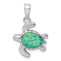 Sterling Silver Rhodium-plated Polished Green Inlay Created Opal Turtle Pendant view 1