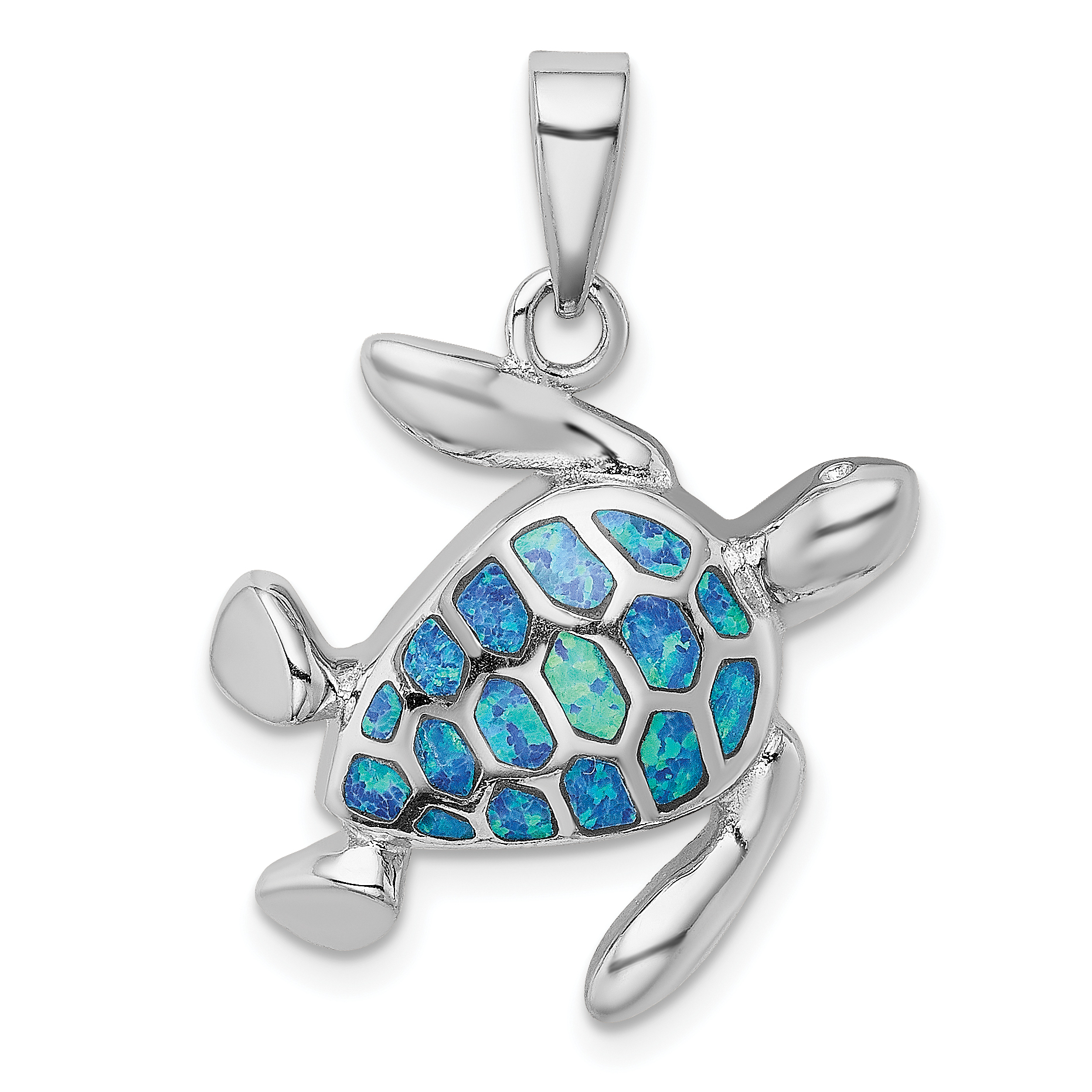 Sterling Silver Rhodium-plated Polished Blue Inlay Created Opal Turtle Pendant (QP4873)