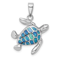 Sterling Silver Rhodium-plated Polished Blue Inlay Created Opal Turtle Pendant view 1