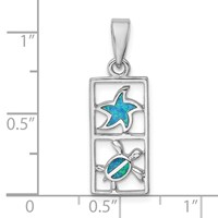 Sterling Silver Rhodium-plated Polished Blue Created Opal Starfish and Turtle Rectangle Pendant view 4