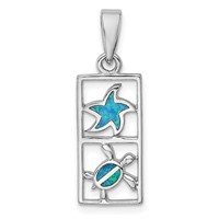Sterling Silver Rhodium-plated Polished Blue Created Opal Starfish and Turtle Rectangle Pendant view 1