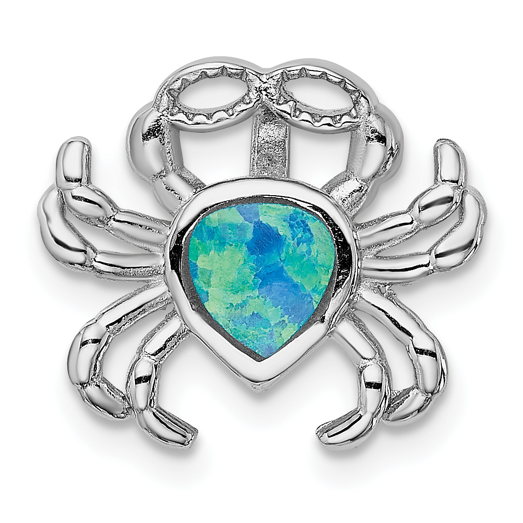 Sterling Silver Rhodium-plated Blue Inlay Created Opal Crab Slide (QP4875)