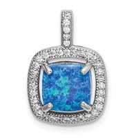 Sterling Silver Rhodium-plated Blue Square Created Opal Pendant with CZ view 1