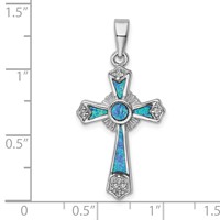 Sterling Silver Rhodium-plated CZ Created Opal Cross Pendant view 4