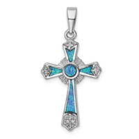 Sterling Silver Rhodium-plated CZ Created Opal Cross Pendant view 1