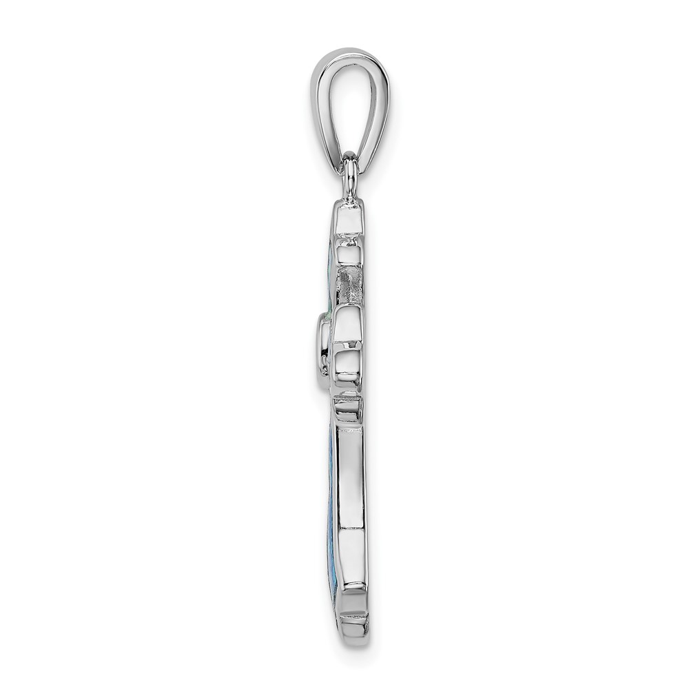 Sterling Silver Rhodium-plated Blue Inlay Created Opal Cross Pendant (QP4880)