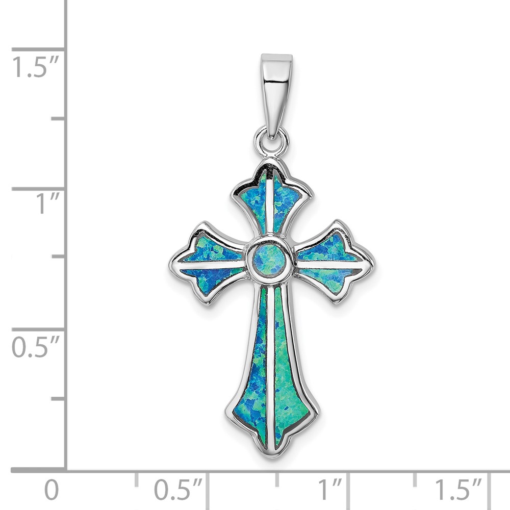 Sterling Silver Rhodium-plated Blue Inlay Created Opal Cross Pendant (QP4880)