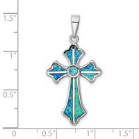 Sterling Silver Rhodium-plated Blue Inlay Created Opal Cross Pendant view 4