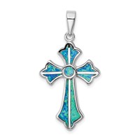 Sterling Silver Rhodium-plated Blue Inlay Created Opal Cross Pendant view 1