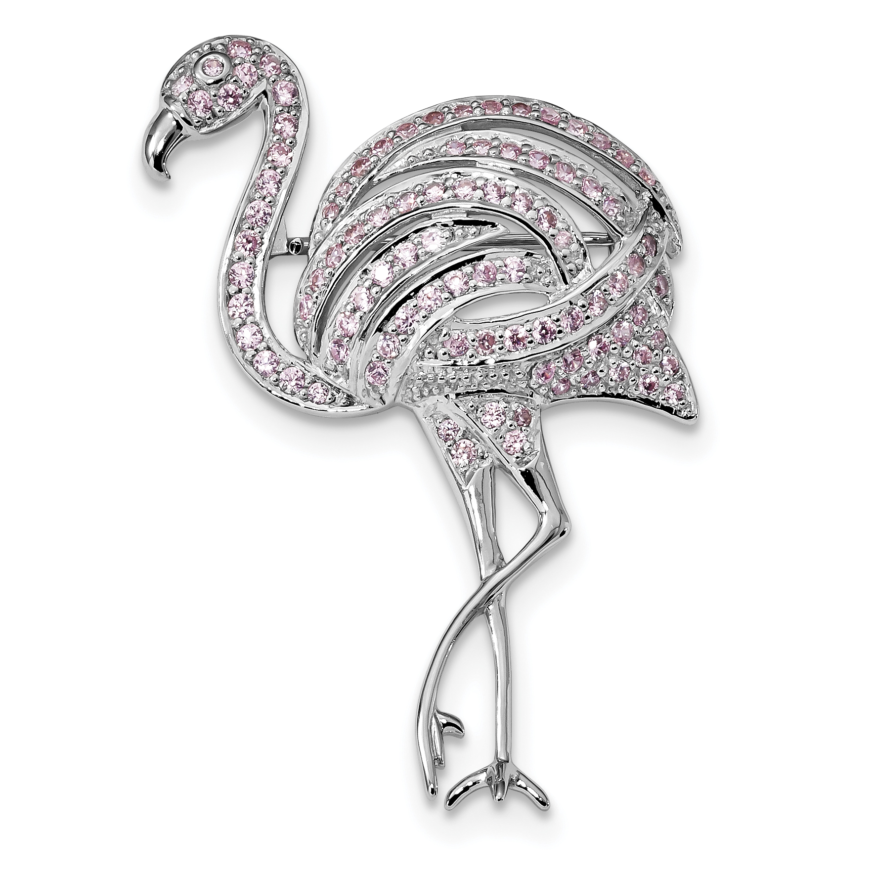 Sterling Silver Rhodium-plated Pink CZ Flamingo Pin Brooch (QP4883)