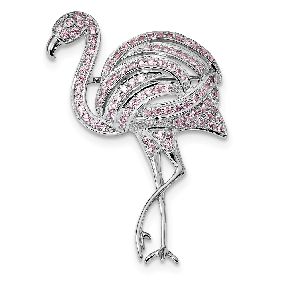 Sterling Silver Rhodium-plated Pink CZ Flamingo Pin Brooch (QP4883)