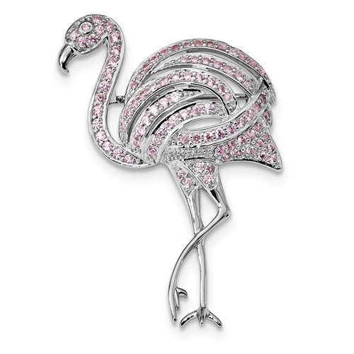 Sterling Silver Rhodium-plated Pink CZ Flamingo Brooch Pin