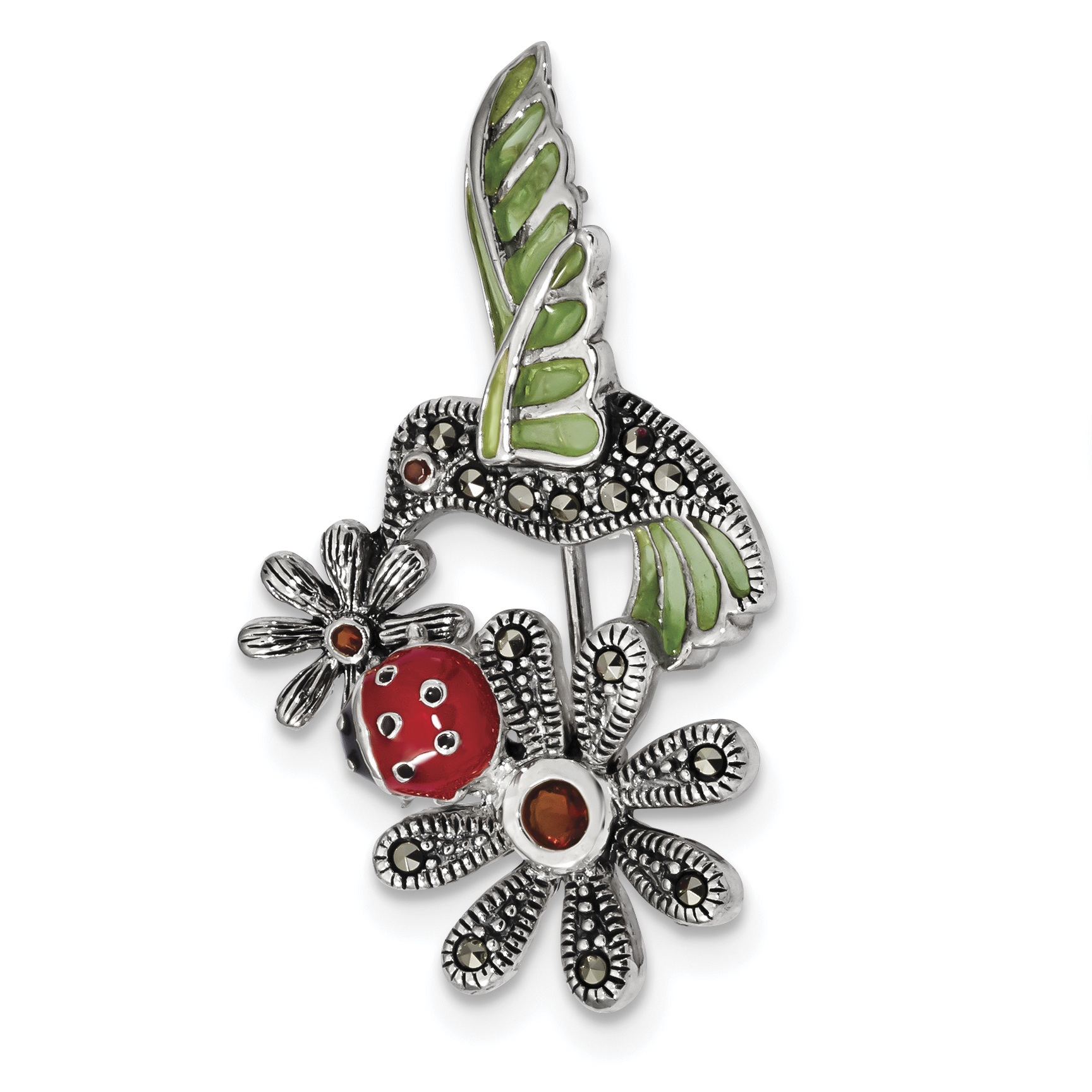 Sterling Silver Antiqued Epoxy Marcasite Red Glass Ladybug Flower Pin (QP4887)