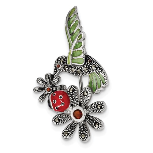 Sterling Silver Antiqued Epoxy Marcasite and Red Glass Hummingbird and Ladybug on Flower Brooch Pin