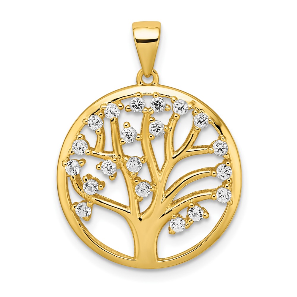 Sterling Silver Gold-tone Lab Created White Sapphire Tree of Life in Circle Pendant
