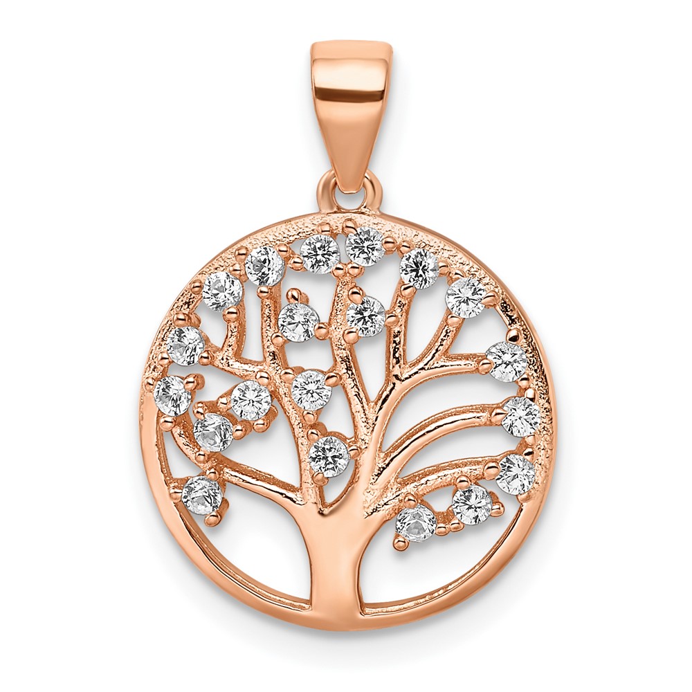 Sterling Silver Rose-tone Created White Sapphire Tree of Life Pendant (QP4905)