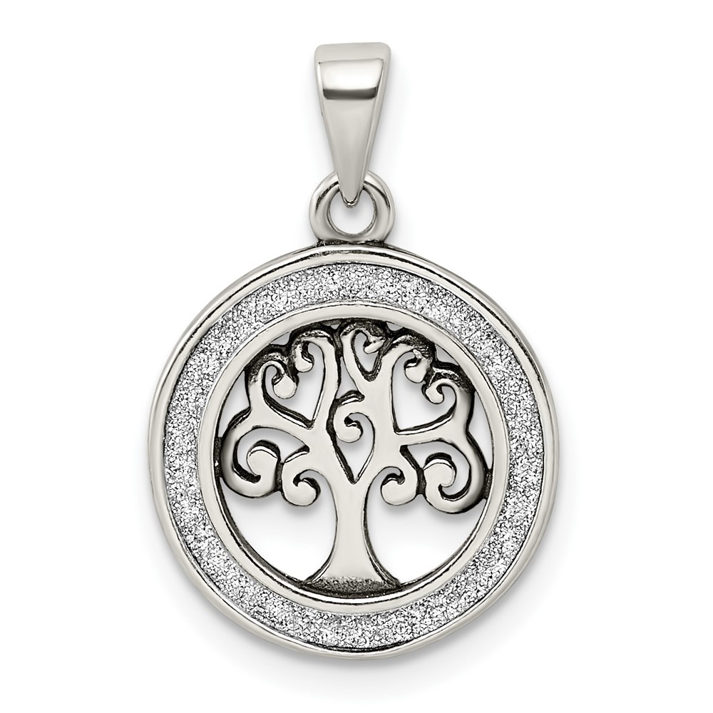 Sterling Silver Antiqued Glitter Enameled Tree in Circle Pendant