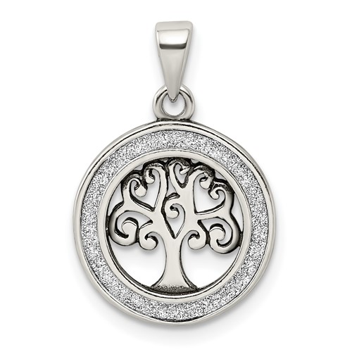 Sterling Silver Antiqued Glitter Enameled Tree in Circle Pendant