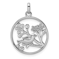 Sterling Silver Rhodium-plated Polished Bird and Flowers Pendant view 1