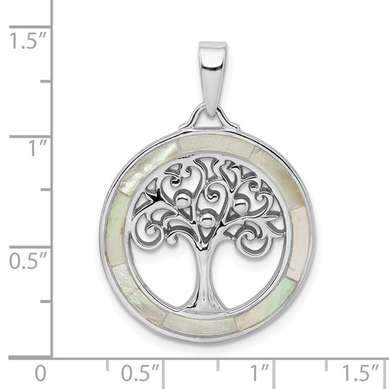Sterling Silver Rhodium-plated White MOP Tree of Life Pendant