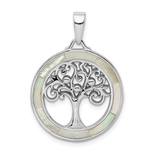Sterling Silver Rhodium-plated White Mop Tree of Life Pendant