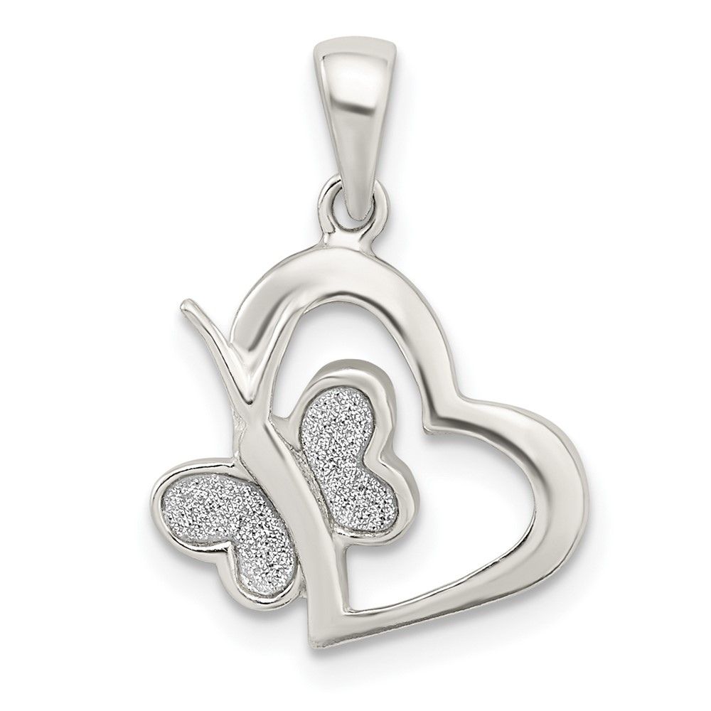 Sterling Silver Polished Glitter Enamel Heart Pendant with Butterfly