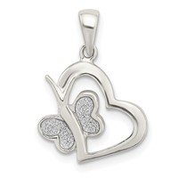 Sterling Silver Polished Glitter Enamel Heart Pendant with Butterfly view 1