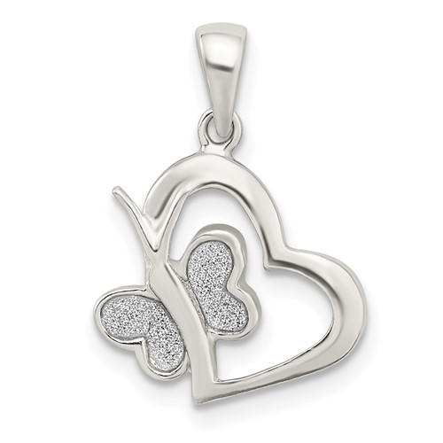 Sterling Silver Polished Glitter Enamel Heart Pendant with Butterfly