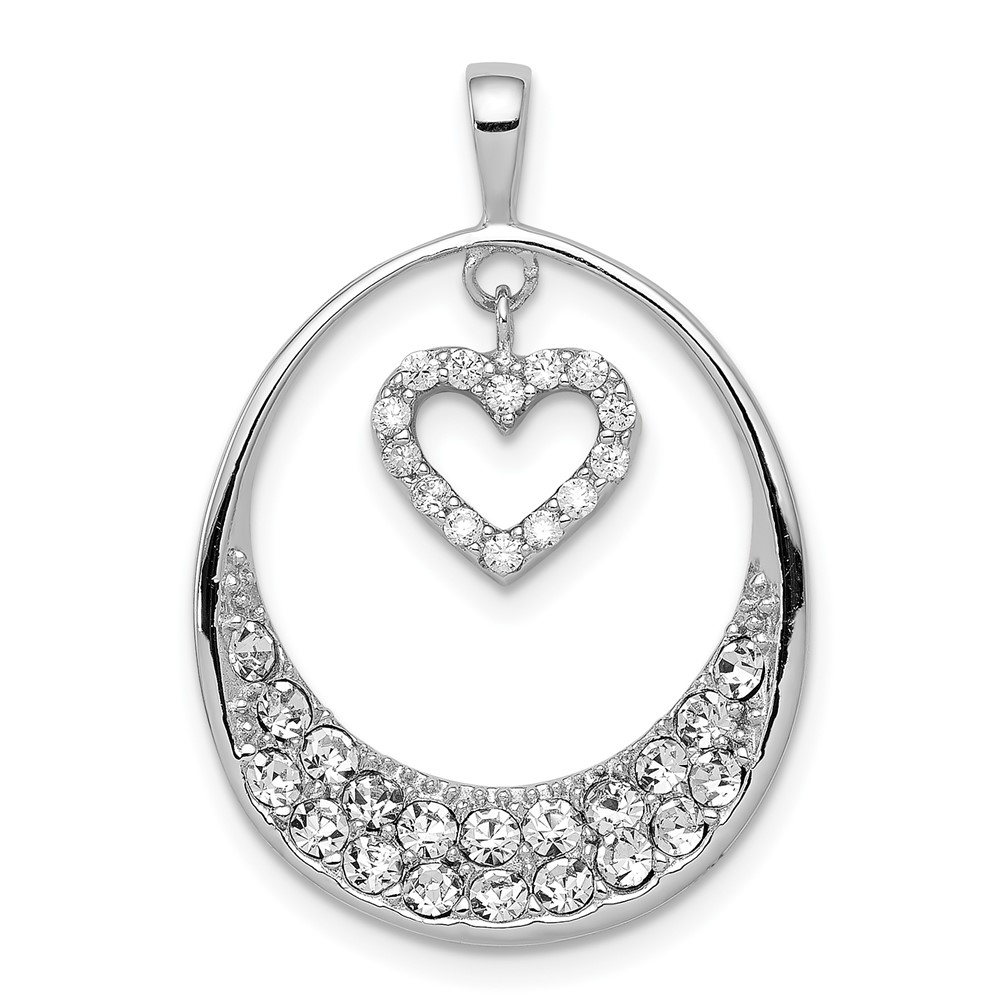 Sterling Silver Rhodium-plated CZ Oval Pendant with Dangle Heart