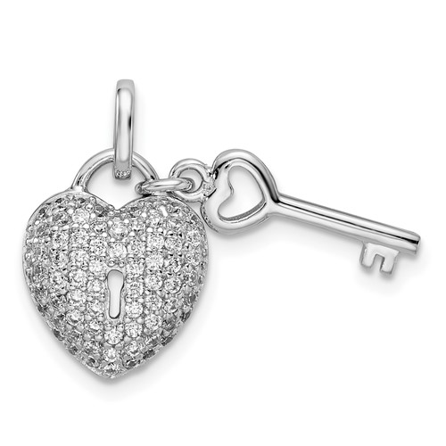 Sterling Silver Rhodium-plated CZ Heart Lock and Key Pendant