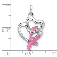 Sterling Silver Rhodium-plated Pink Enamel CZ Awareness Ribbon Heart Pendant view 4