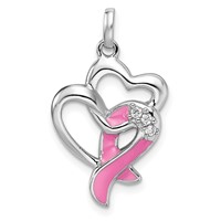 Sterling Silver Rhodium-plated Pink Enamel CZ Awareness Ribbon Heart Pendant view 1