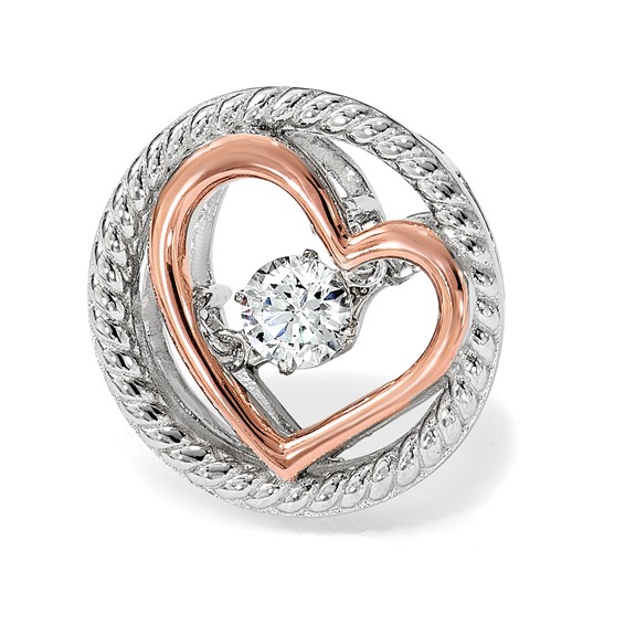 Sterling Silver Platium-plated Rose-tone Vibrant CZ Heart Chain Slide