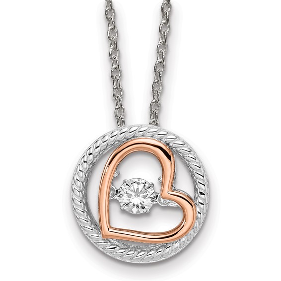 Sterling Silver Plat-plate Rose-tone Vibrant CZ Heart Necklace