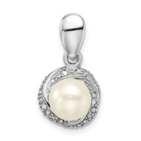 Sterling Silver Rhodium-plated Diamond and 7-8mm Button Freshwater Cultured Pearl Pendant view 1