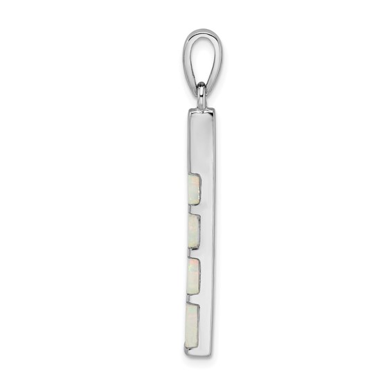 Sterling Silver Rhodium-plated White Created Opal Bar Pendant