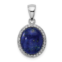 Sterling Silver Rhodium-plated Polished Oval Lapis Cabochon and White Topaz Halo Pendant view 1