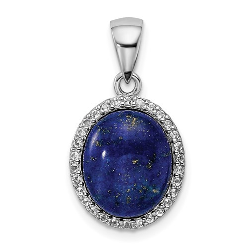 Sterling Silver Rhodium-plated Polished Oval Lapis Cabochon and White Topaz Halo Pendant
