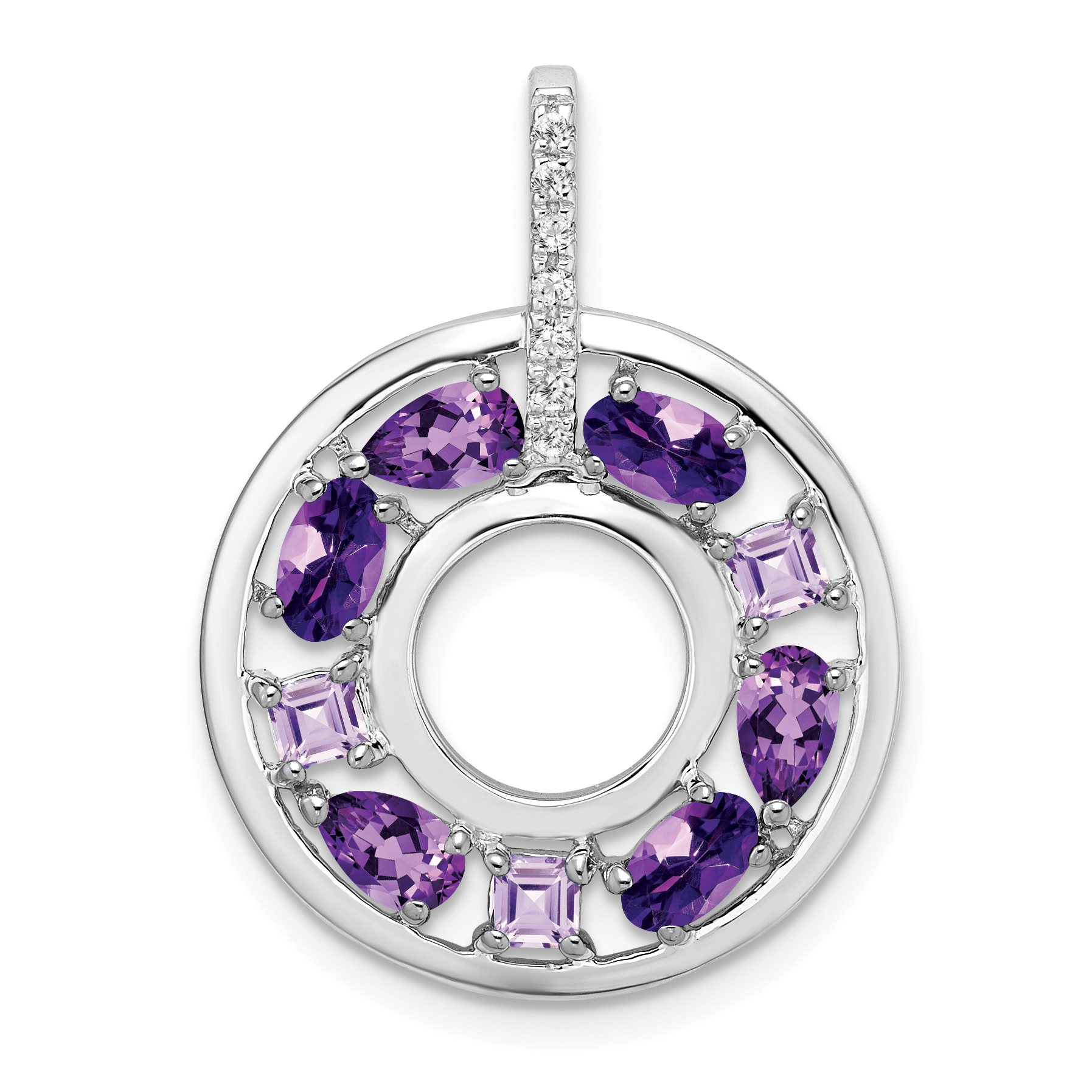 Sterling Silver Rhodium-plated Amethyst and CZ Circle Pendant (QP4994)