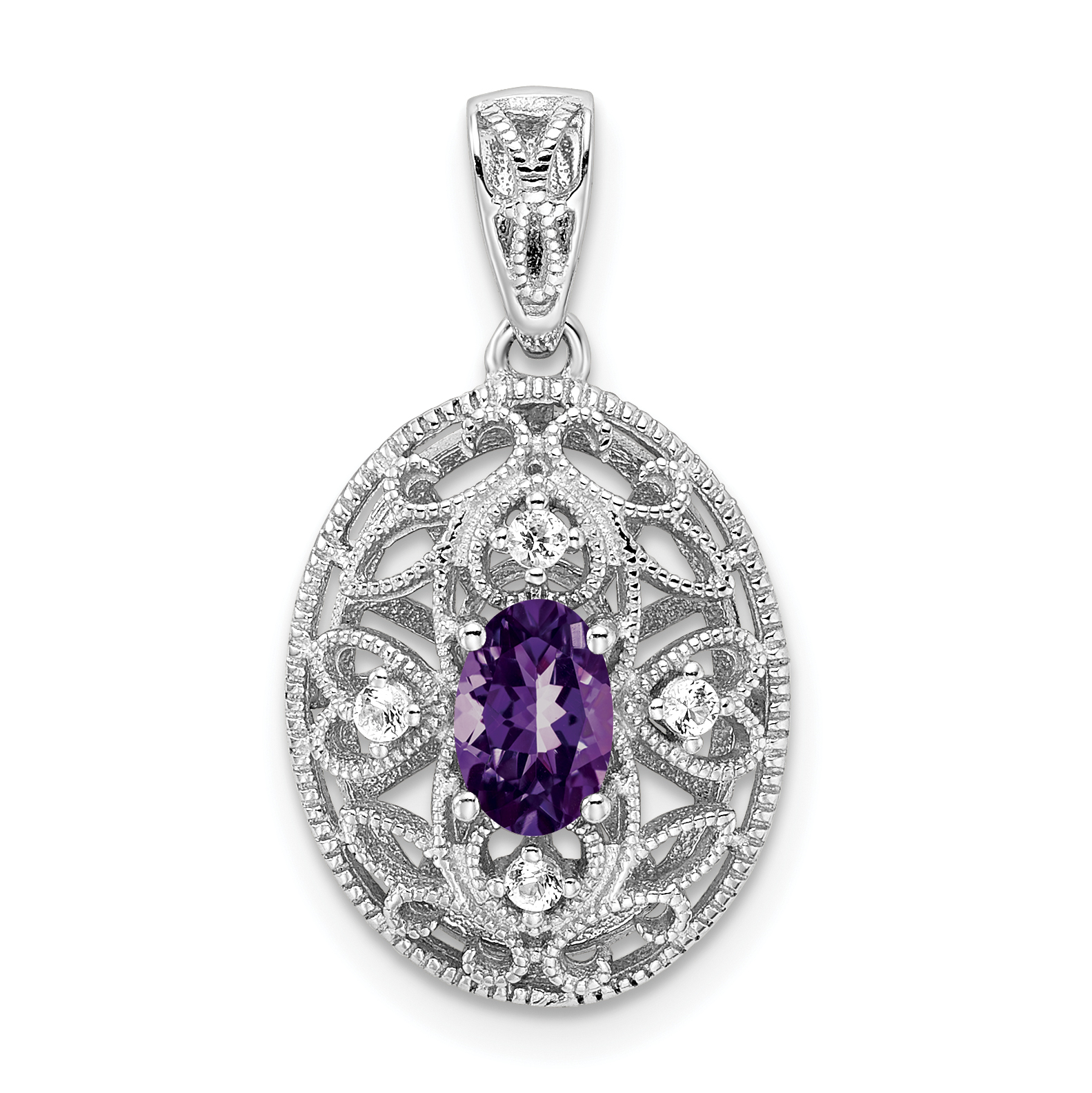 Sterling Silver Rhodium-plated Oval Amethyst and White Topaz Pendant (QP4996)