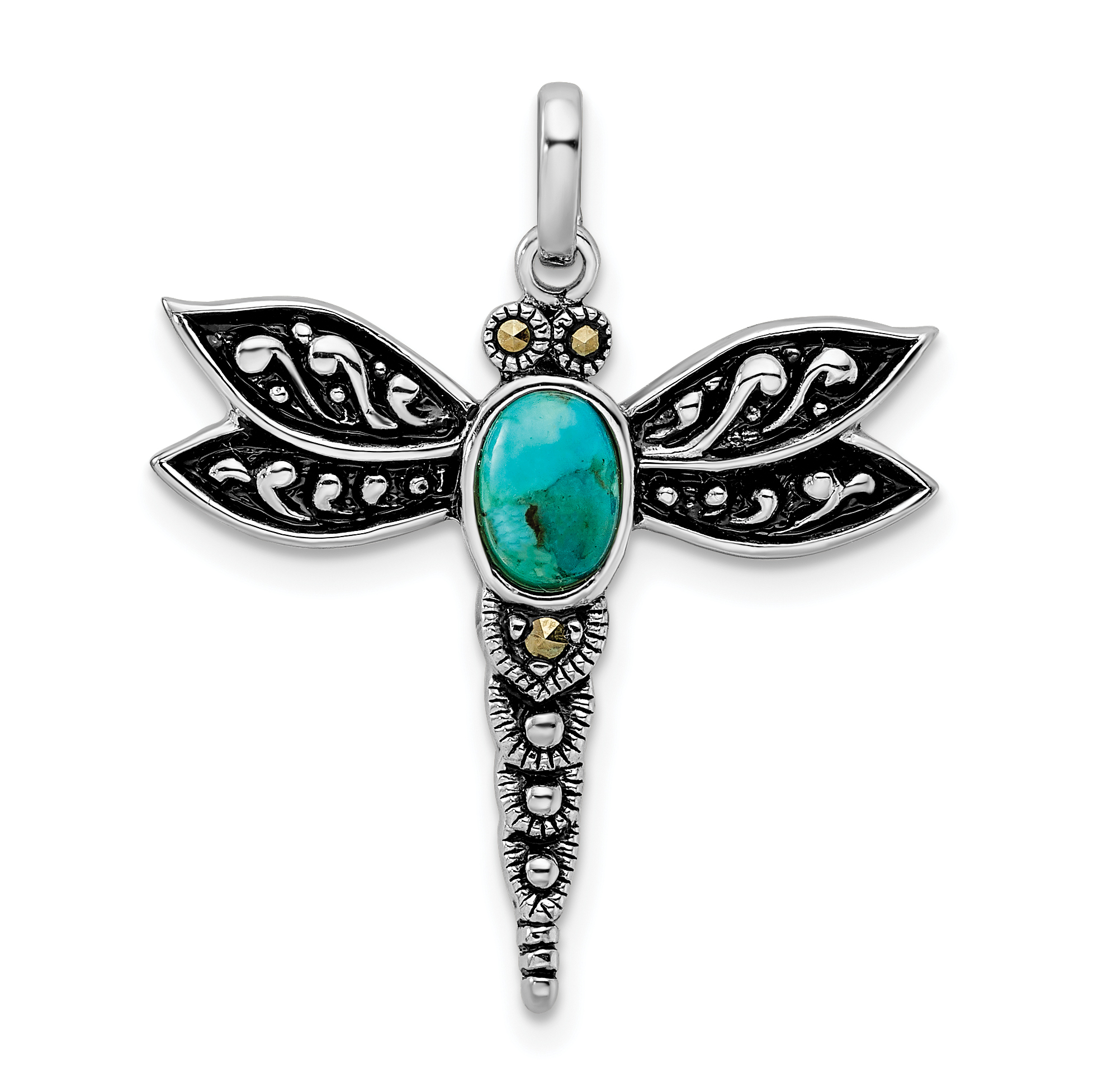 Sterling Silver Rhodium/Oxidized Recon. Turq/Marcasite Dragonfly Pendant (QP5011)