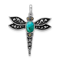 Sterling Silver Rhodium Oxidized Recon. Turq Marcasite Dragonfly Pendant view 1