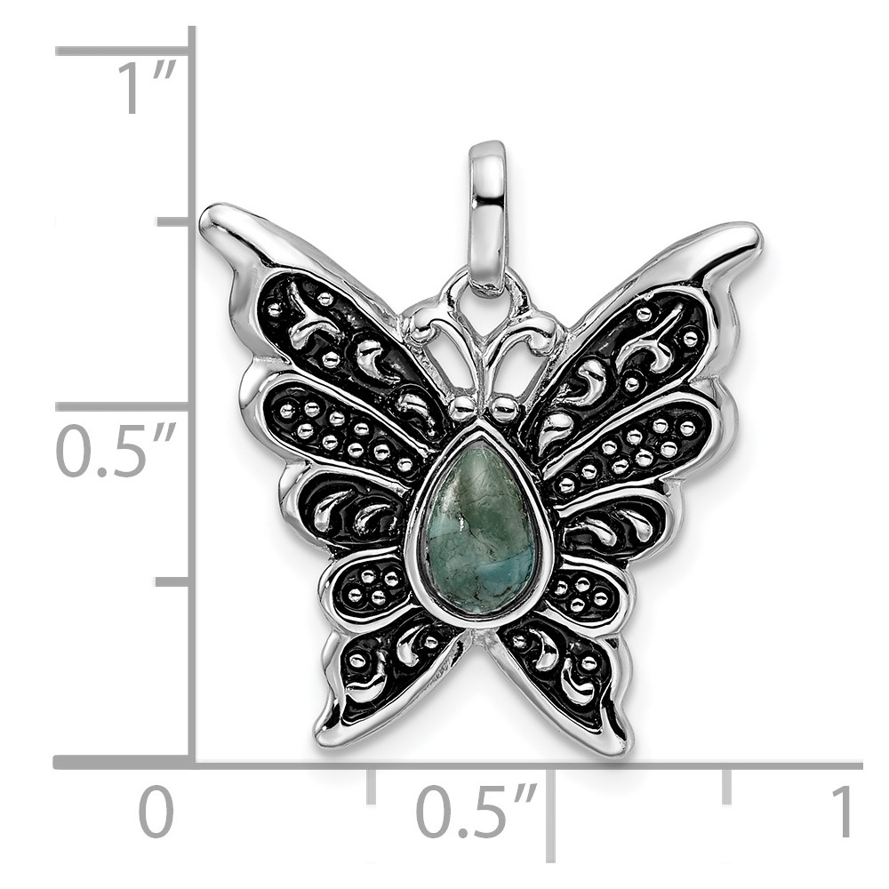 Sterling Silver Rhodium/Oxidized Reconstituted Turquoise Butterfly Pendant (QP5013)