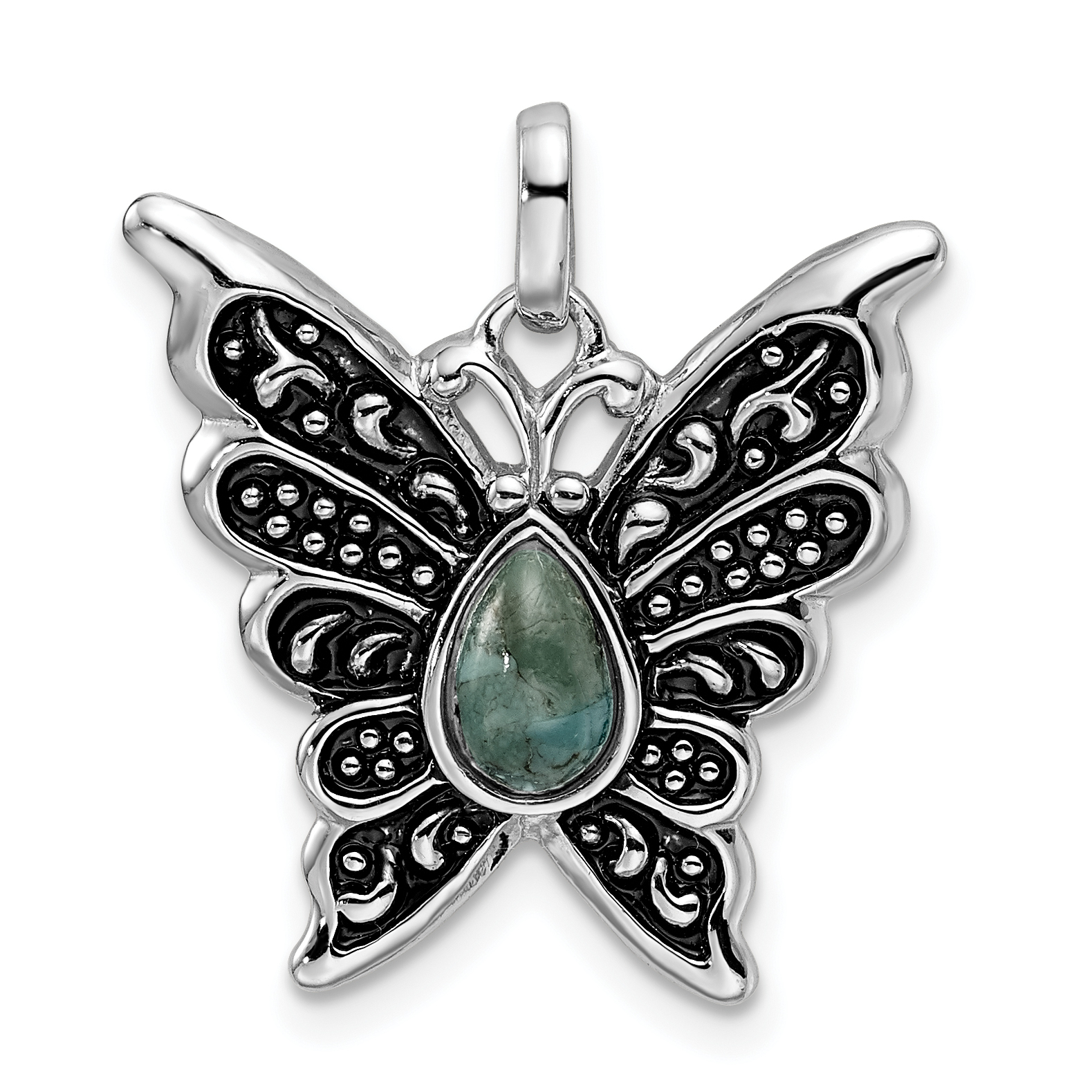 Sterling Silver Rhodium/Oxidized Reconstituted Turquoise Butterfly Pendant (QP5013)