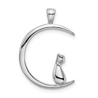 Sterling Silver Rhodium-plated Cat on Moon Pendant view 1