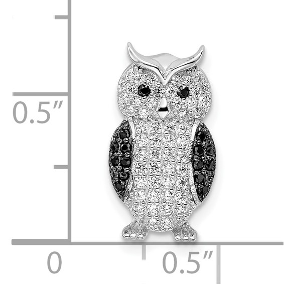 Sterling Silver Rhodium-plated Polished Black and White CZ Owl Slide Pendant