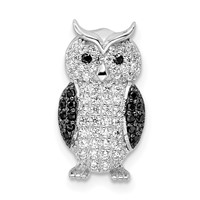 Sterling Silver Rhodium-plated Polished Black and White CZ Owl Chain Slide Pendant view 1